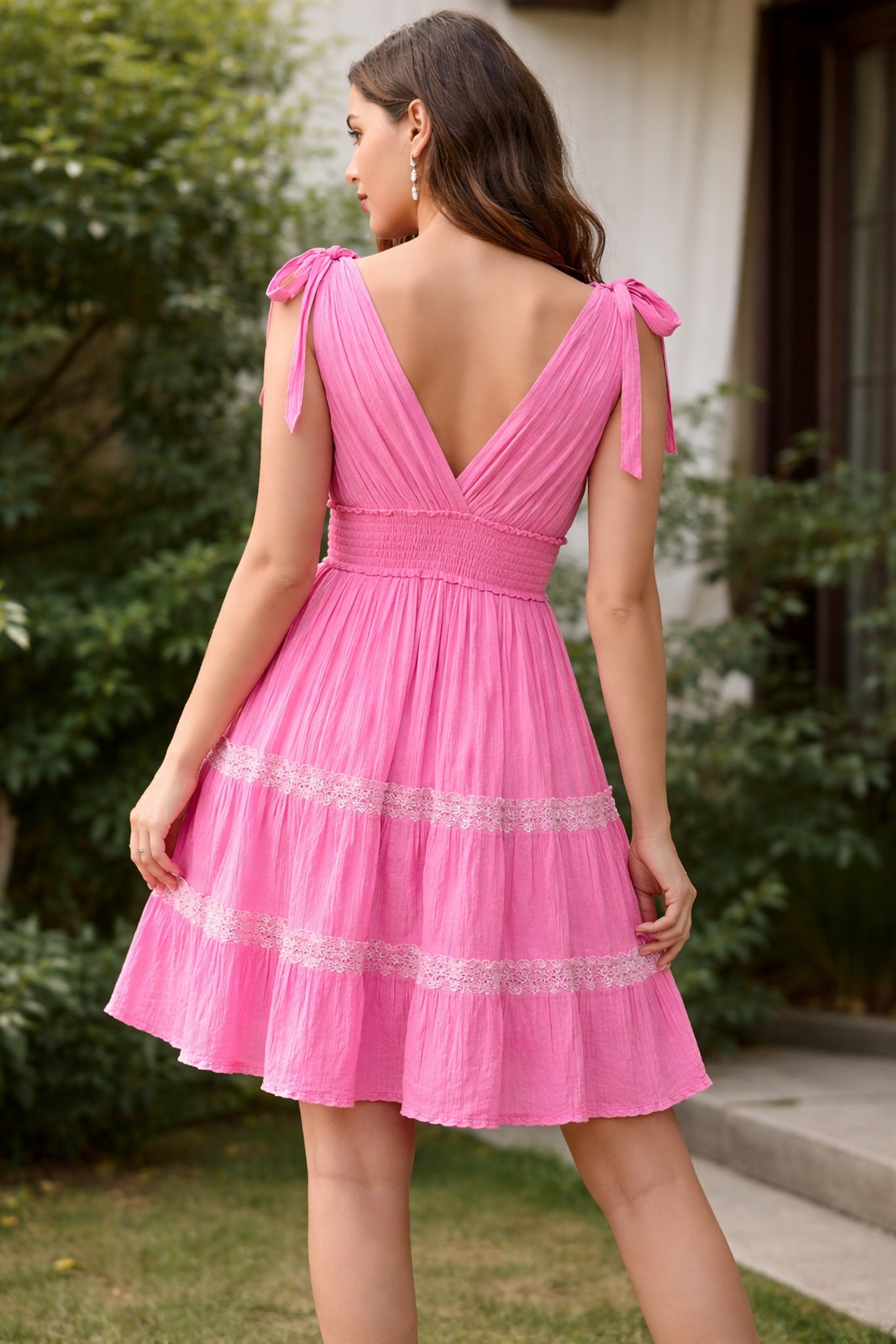 26456  Embroidered Boho Mini Dress with Tie Straps & Tassel Detail