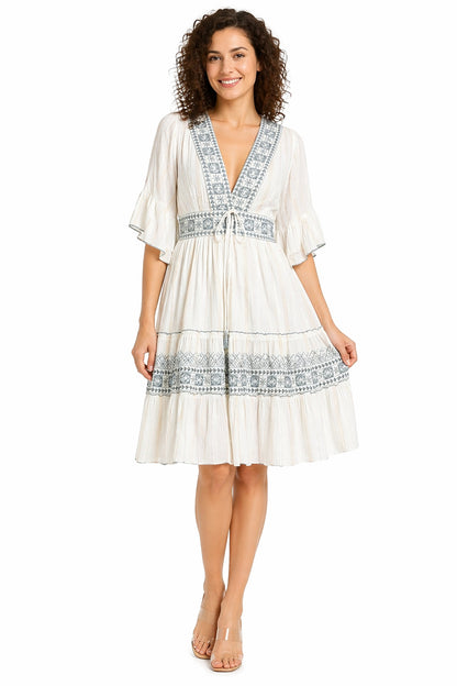 26458 Women's Boho V-Neck Embroidered Midi Dress – Multi Color Embroidery