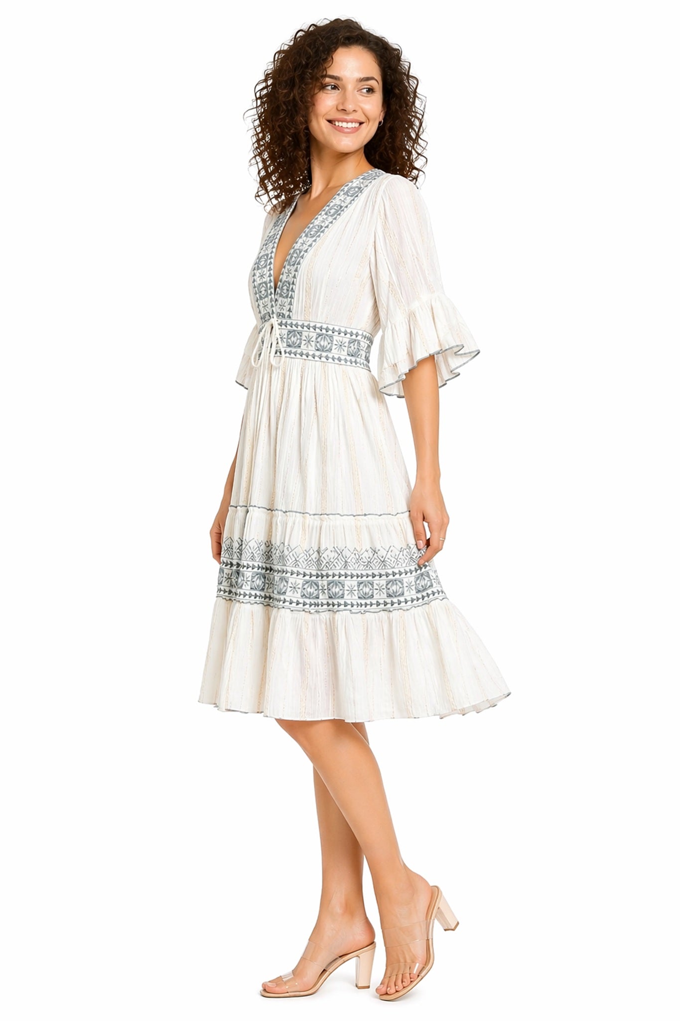 26458 Women's Boho V-Neck Embroidered Midi Dress – Multi Color Embroidery