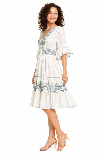 26458 Women's Boho V-Neck Embroidered Midi Dress – Multi Color Embroidery