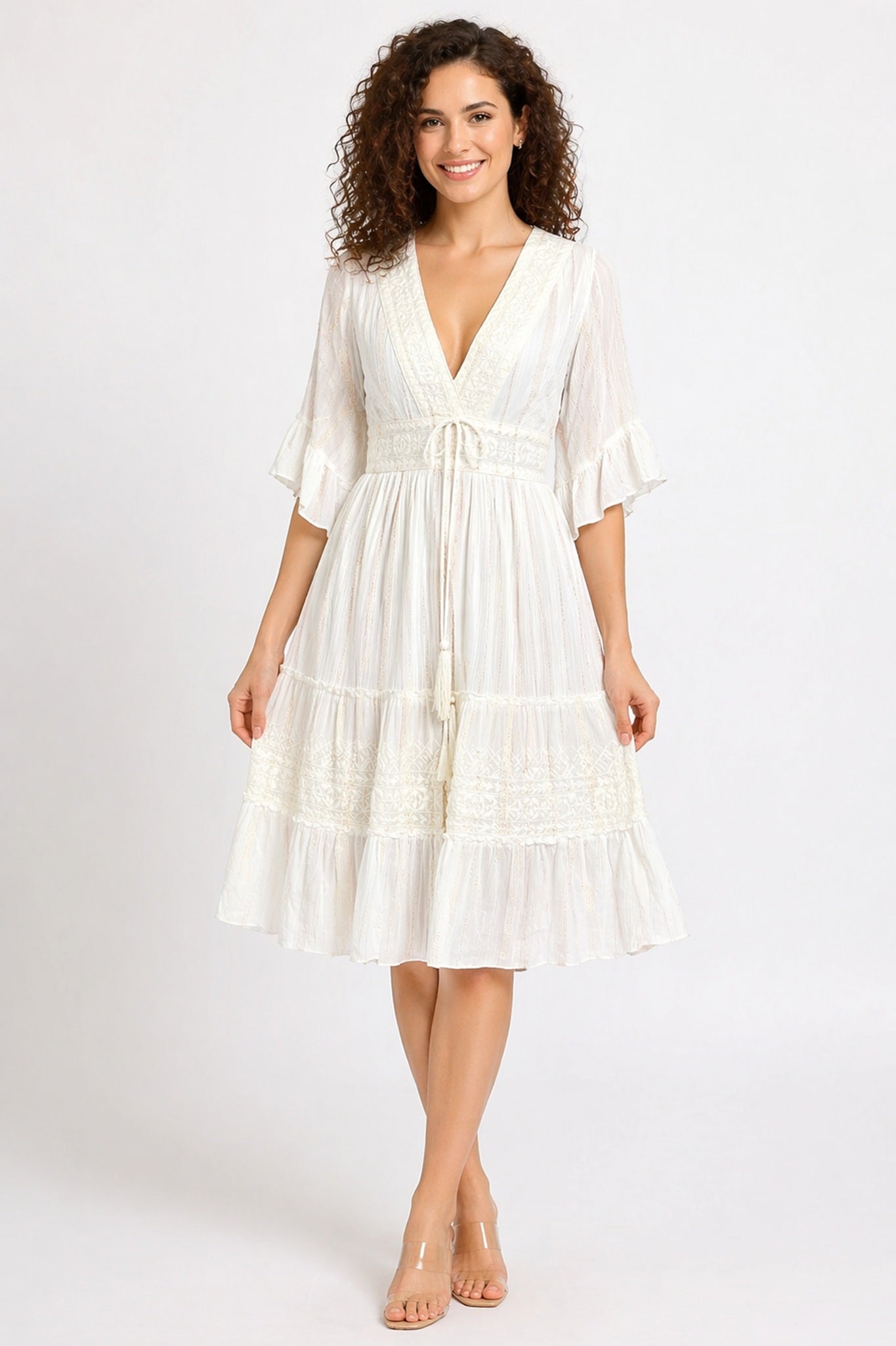 26458 Women's Boho V-Neck Embroidered Midi Dress – Multi Color Embroidery