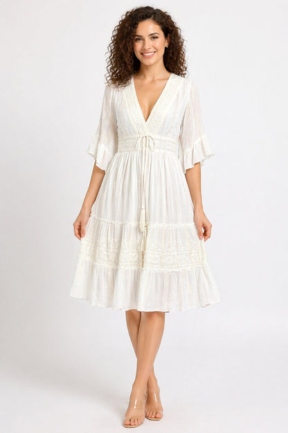 26458 Women's Boho V-Neck Embroidered Midi Dress – Multi Color Embroidery