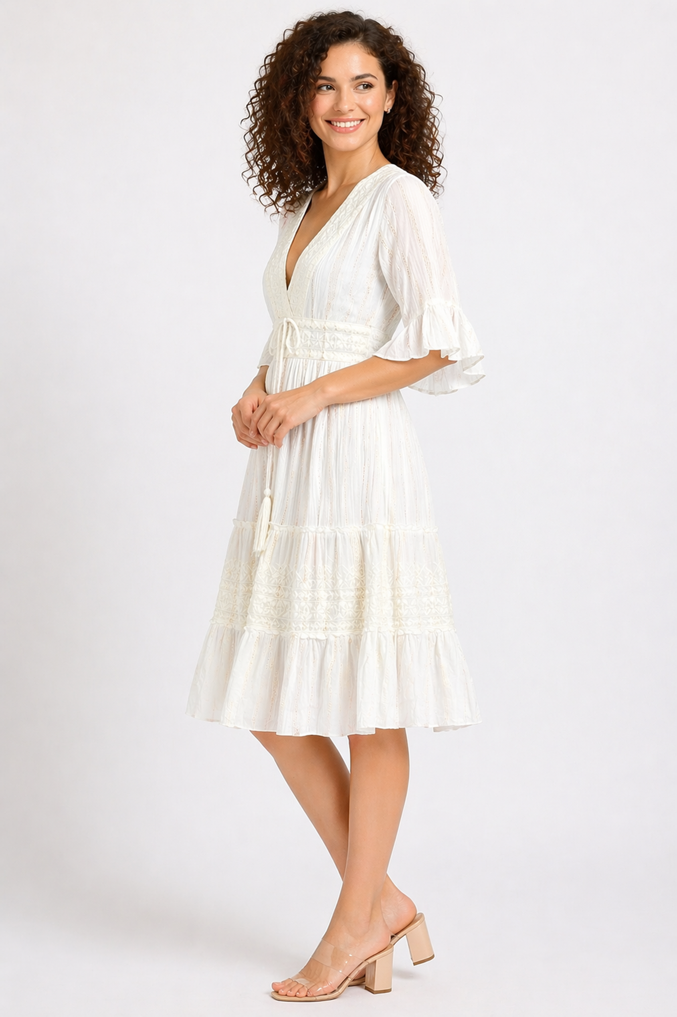 26458 Women's Boho V-Neck Embroidered Midi Dress – Multi Color Embroidery