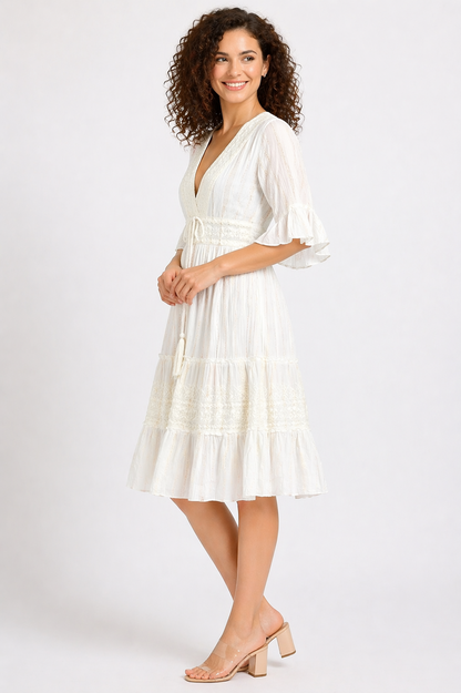 26458 Women's Boho V-Neck Embroidered Midi Dress – Multi Color Embroidery