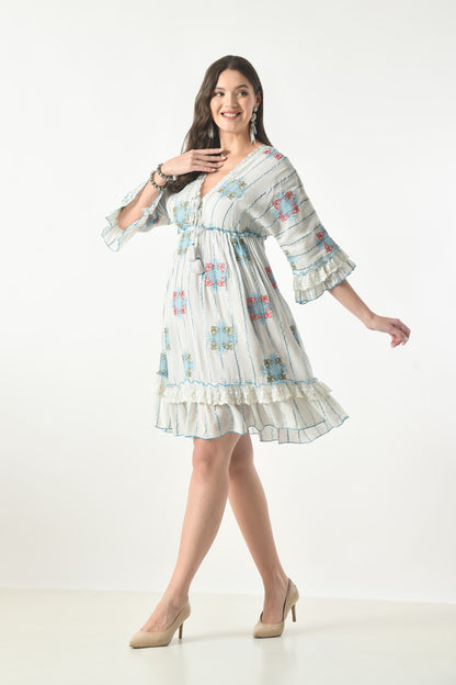 26457 Boho Embroidered Tiered Mini Dress with Lace Trim – Rayon