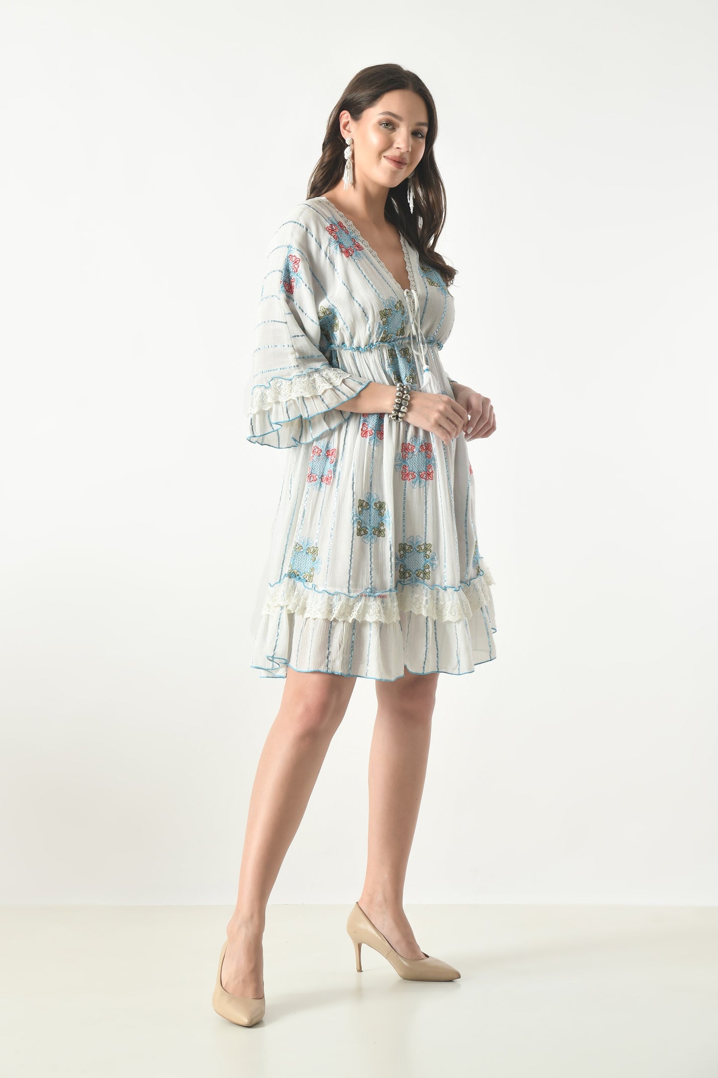 26457 Boho Embroidered Tiered Mini Dress with Lace Trim – Rayon