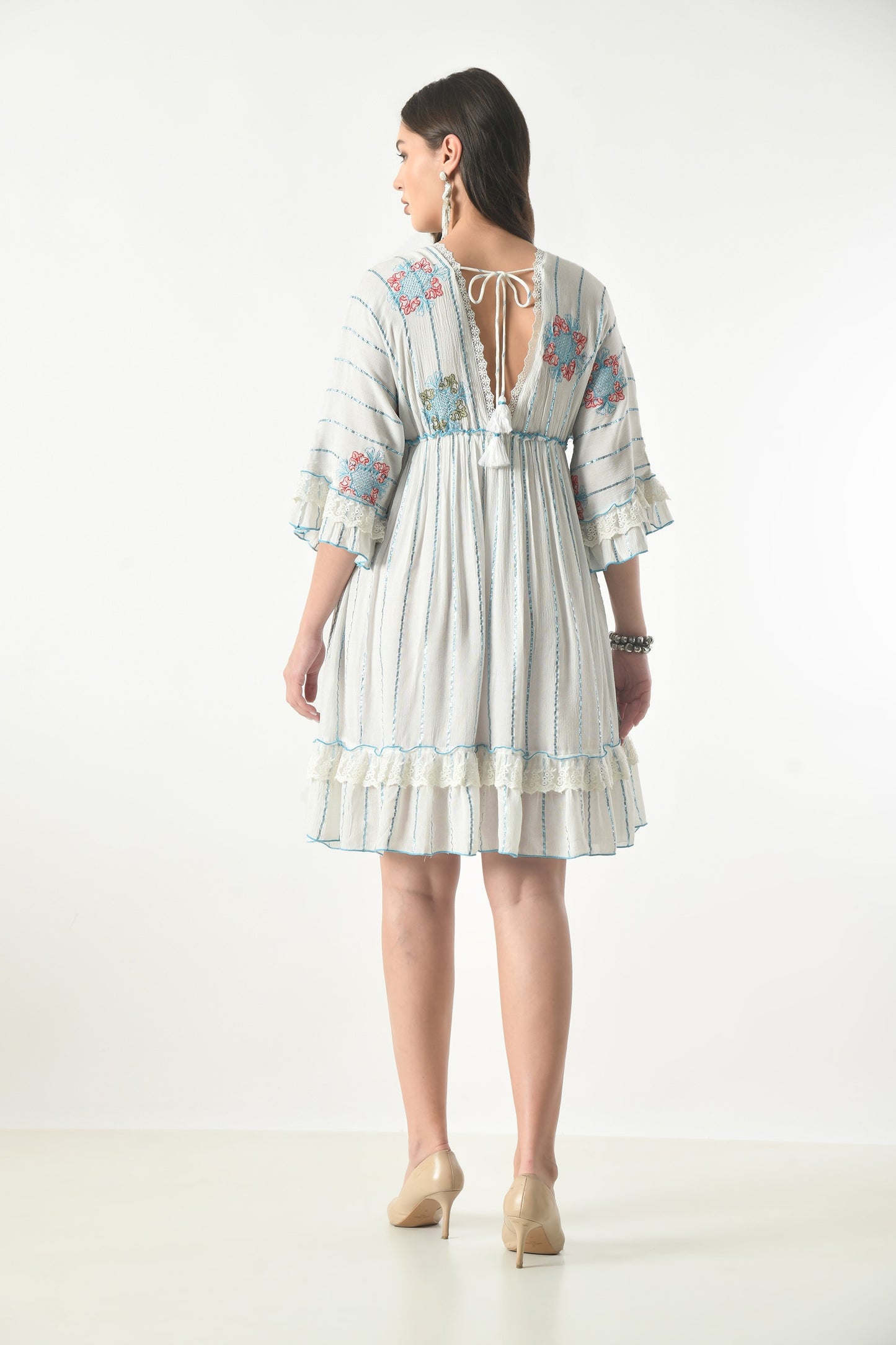 26457 Boho Embroidered Tiered Mini Dress with Lace Trim – Rayon