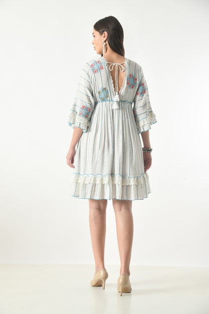 26457 Boho Embroidered Tiered Mini Dress with Lace Trim – Rayon