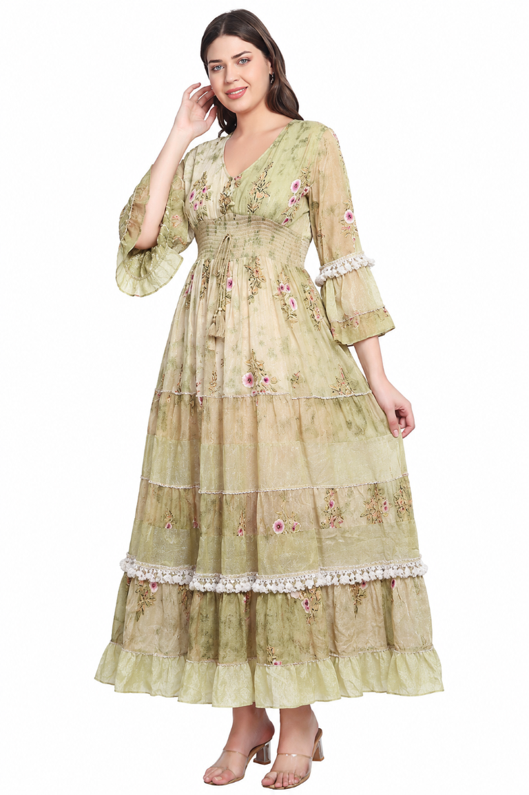 26436 Women's Floral Printed Tiered Maxi Dress with Bell Sleeves
