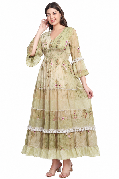 26436 Women's Floral Printed Tiered Maxi Dress with Bell Sleeves