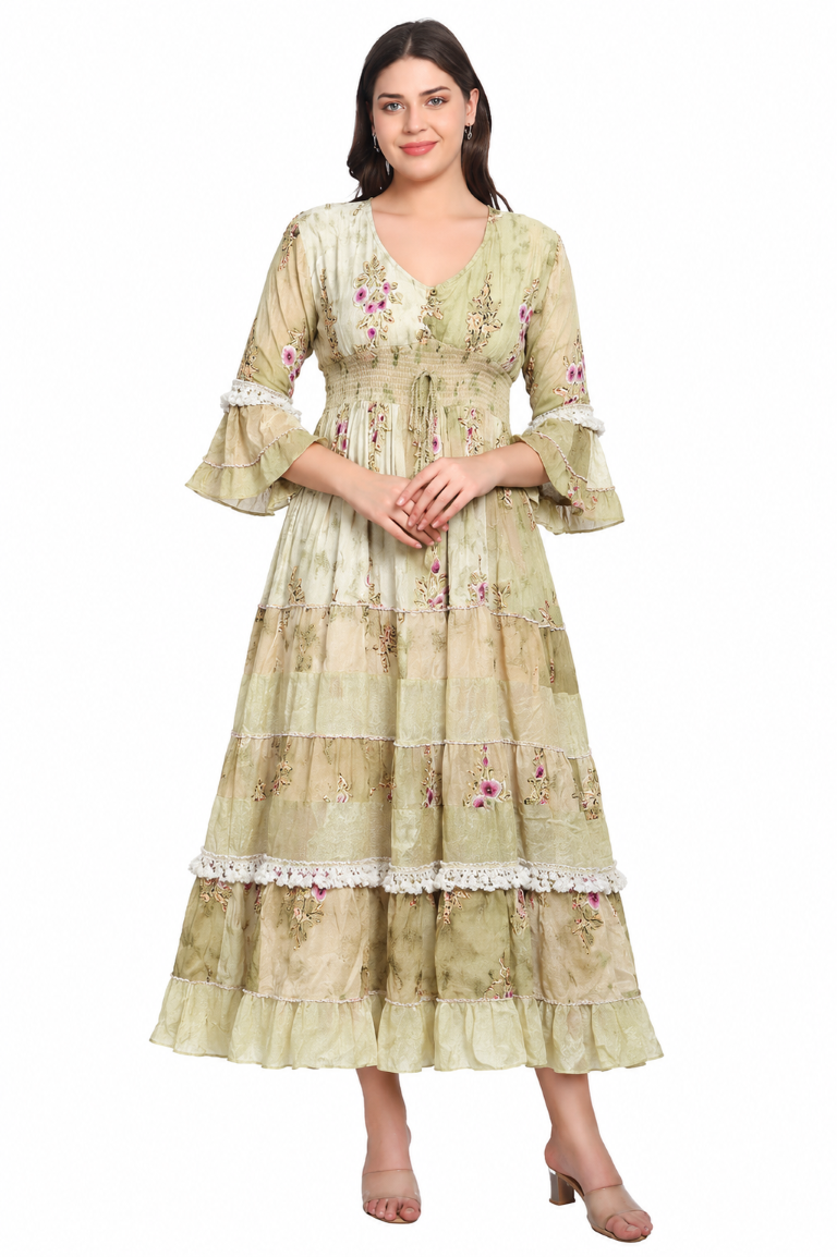 26436 Women's Floral Printed Tiered Maxi Dress with Bell Sleeves