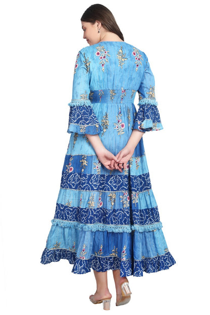 26436 Women's Floral Printed Tiered Maxi Dress with Bell Sleeves