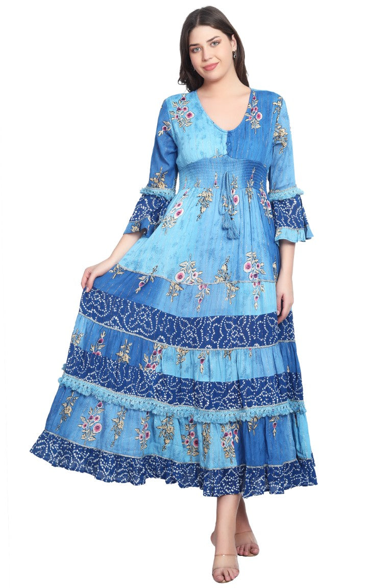 26436 Women's Floral Printed Tiered Maxi Dress with Bell Sleeves