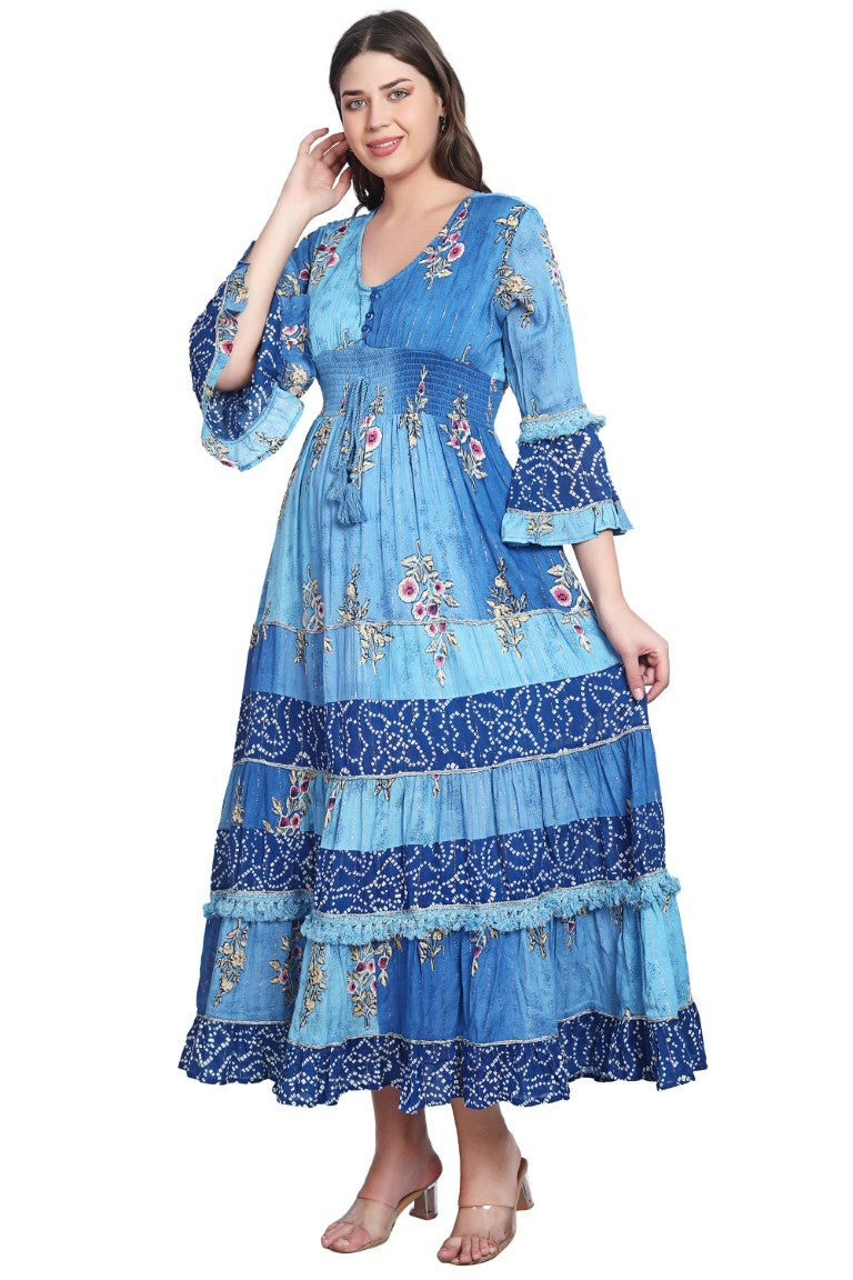 26436 Women's Floral Printed Tiered Maxi Dress with Bell Sleeves