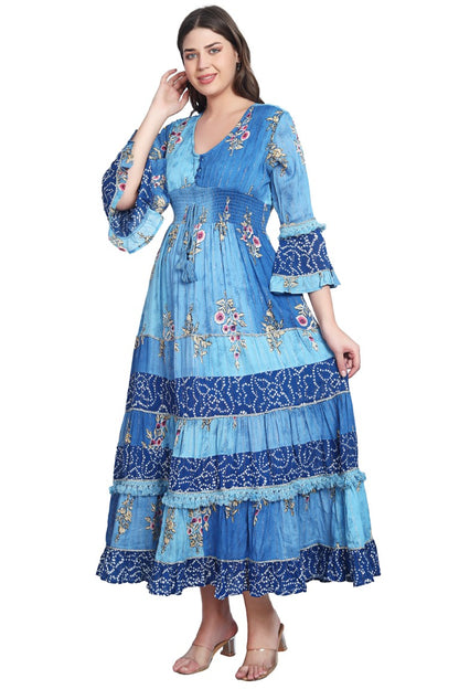 26436 Women's Floral Printed Tiered Maxi Dress with Bell Sleeves