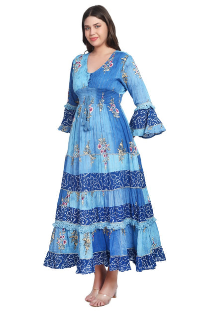 26436 Women's Floral Printed Tiered Maxi Dress with Bell Sleeves