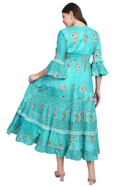 26436 Women's Floral Printed Tiered Maxi Dress with Bell Sleeves