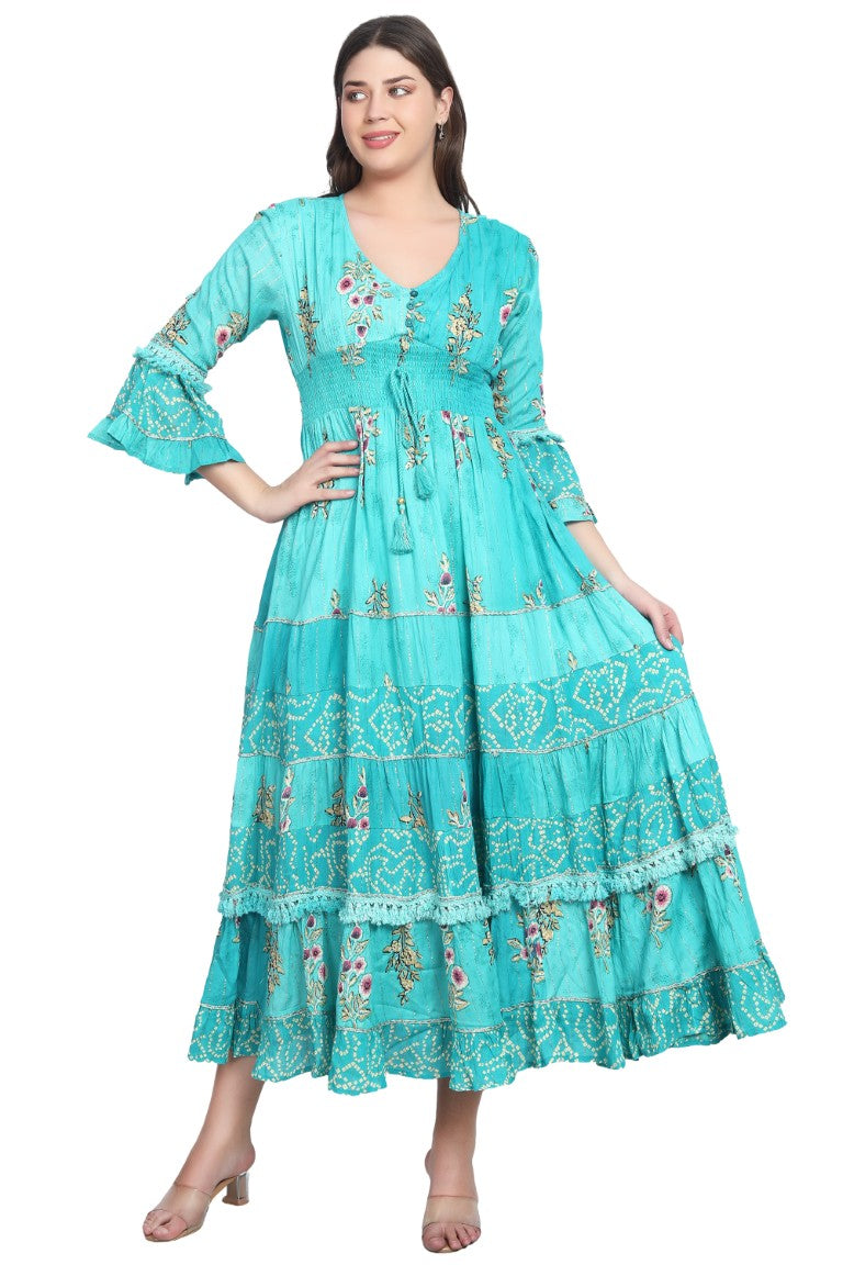 26436 Women's Floral Printed Tiered Maxi Dress with Bell Sleeves