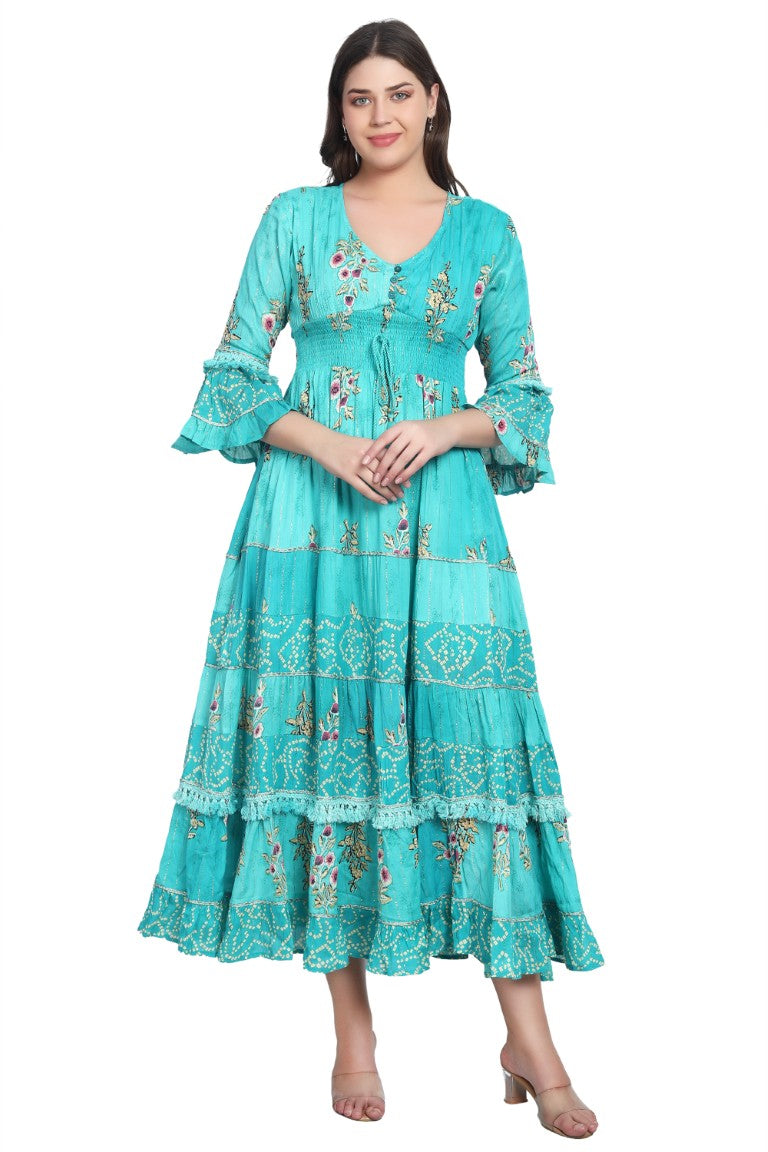 26436 Women's Floral Printed Tiered Maxi Dress with Bell Sleeves