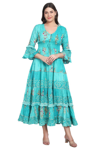 26436 Women's Floral Printed Tiered Maxi Dress with Bell Sleeves