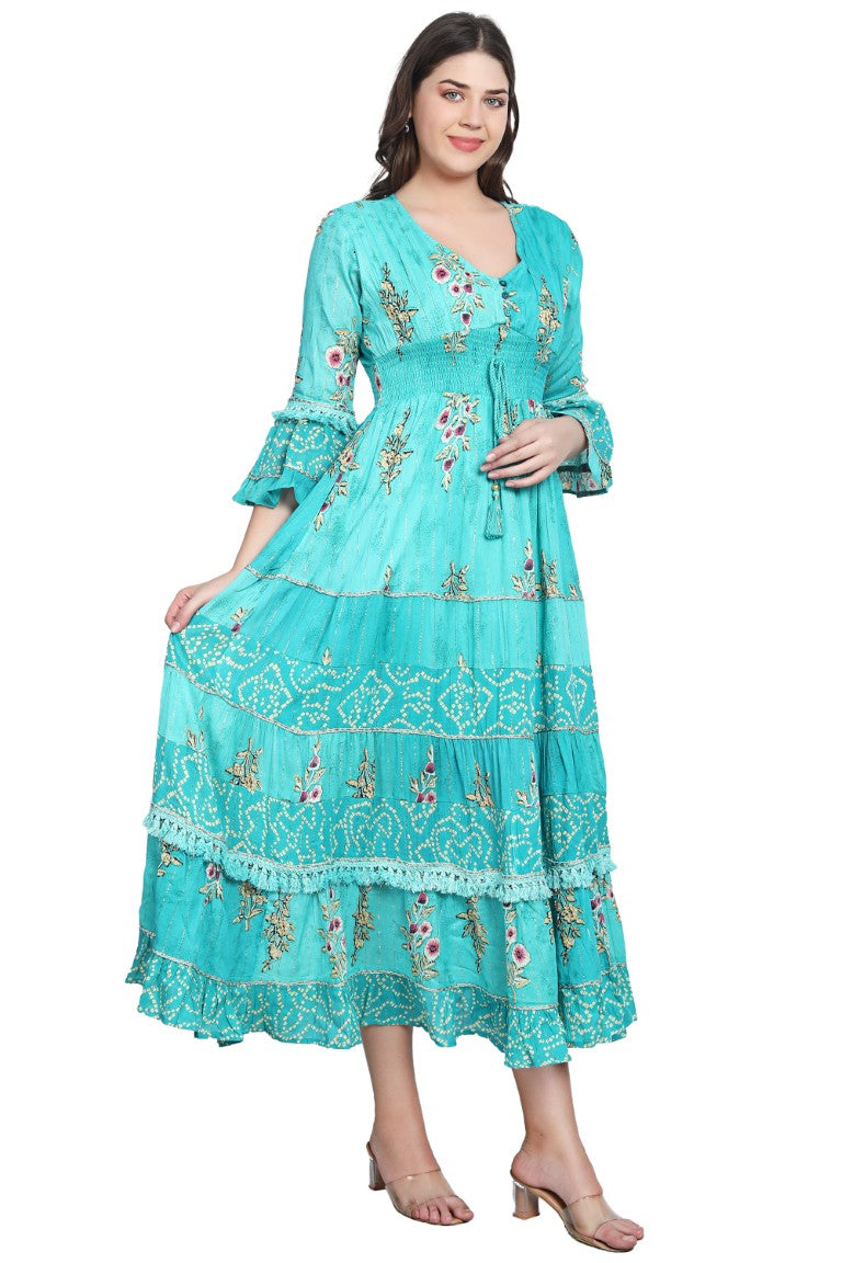 26436 Women's Floral Printed Tiered Maxi Dress with Bell Sleeves