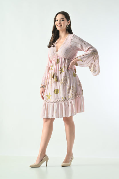 26461 Boho Embroidered Mini Dress with Gold Details – Rayon