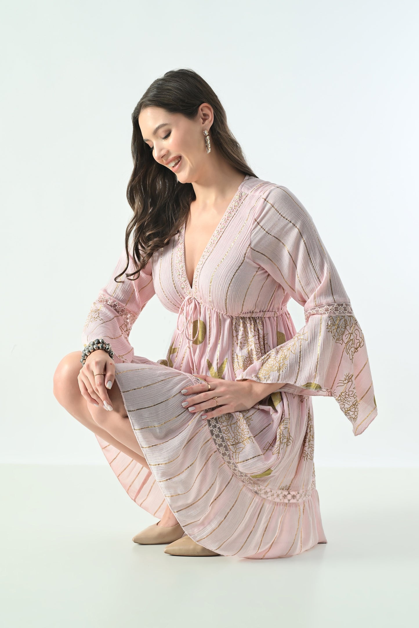 26461 Boho Embroidered Mini Dress with Gold Details – Rayon