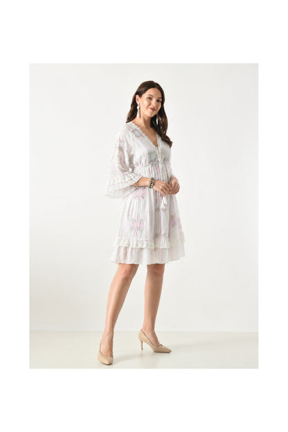 26457 Boho Embroidered Tiered Mini Dress with Lace Trim – Rayon