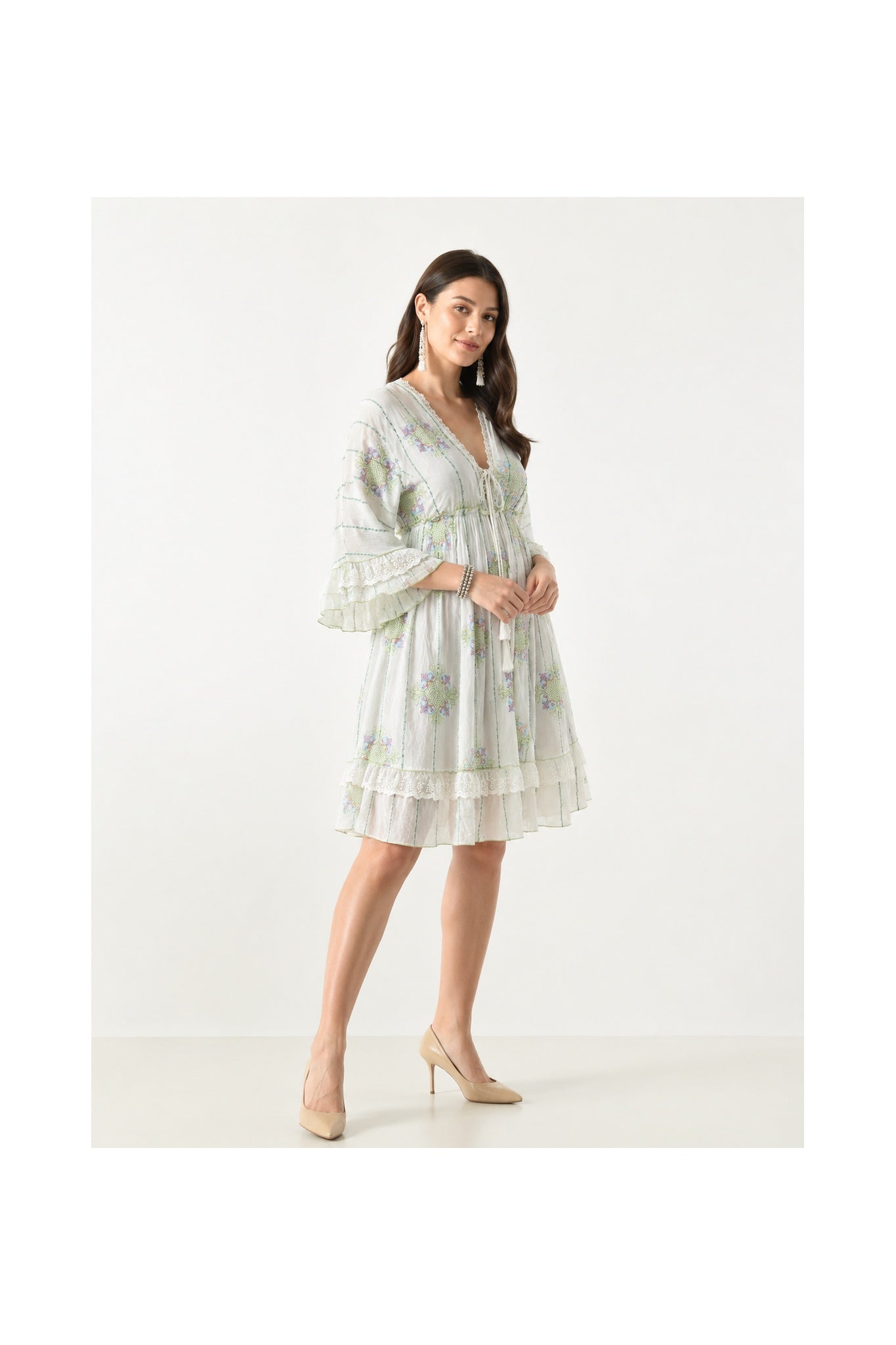 26457 Boho Embroidered Tiered Mini Dress with Lace Trim – Rayon