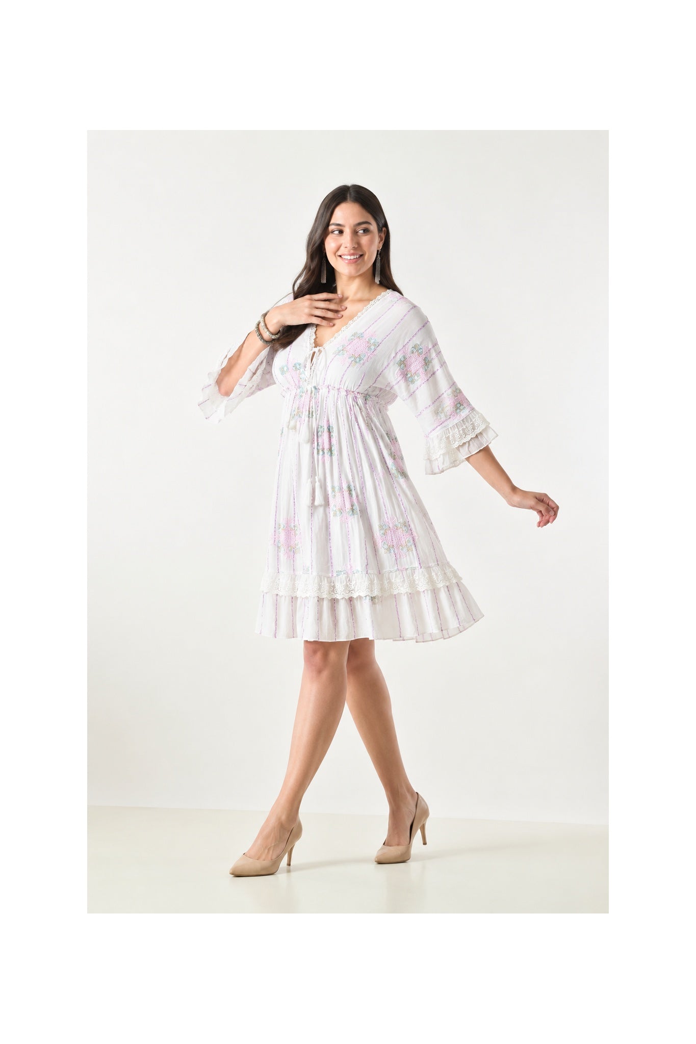 26457 Boho Embroidered Tiered Mini Dress with Lace Trim – Rayon