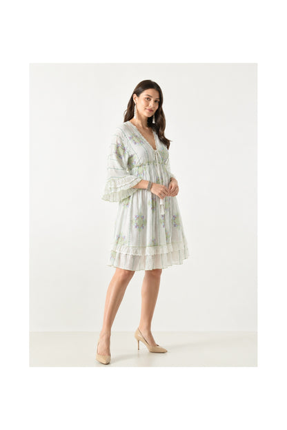 26457 Boho Embroidered Tiered Mini Dress with Lace Trim – Rayon