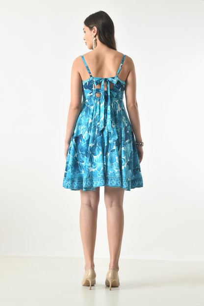 26443 Tropical Blue Floral Fit & Flare Mini Dress – Adjustable Strap Sundress