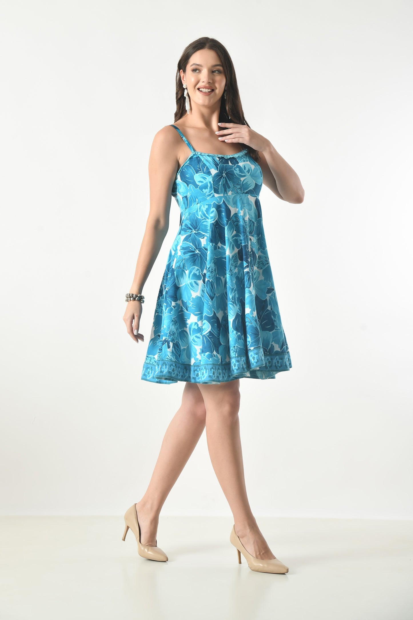 26443 Tropical Blue Floral Fit & Flare Mini Dress – Adjustable Strap Sundress