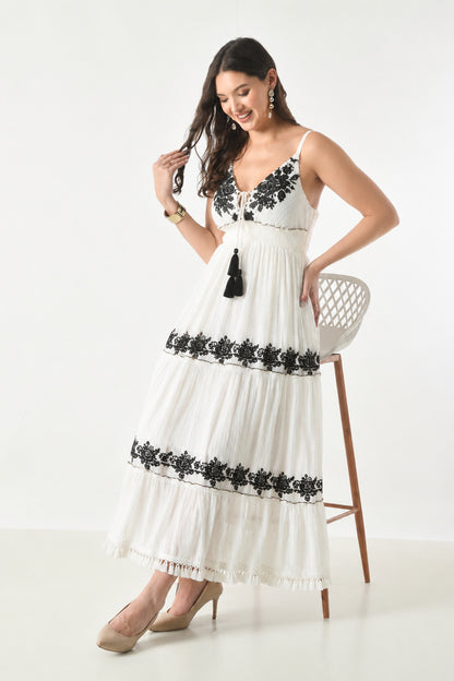 26430 Embroidered Boho Maxi Dress with Tassel Tie