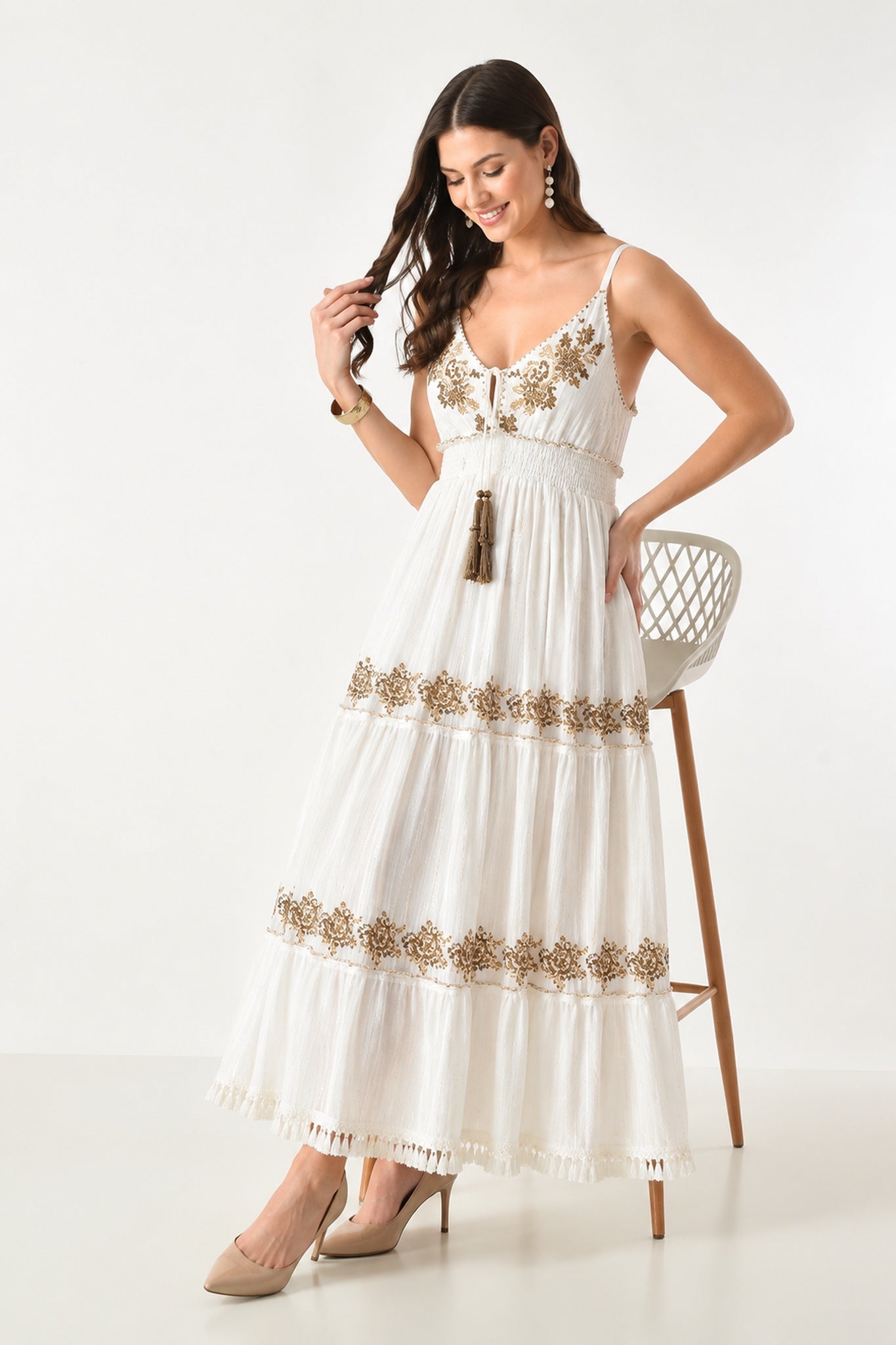 26430 Embroidered Boho Maxi Dress with Tassel Tie