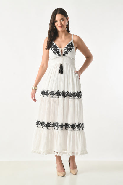 26430 Embroidered Boho Maxi Dress with Tassel Tie