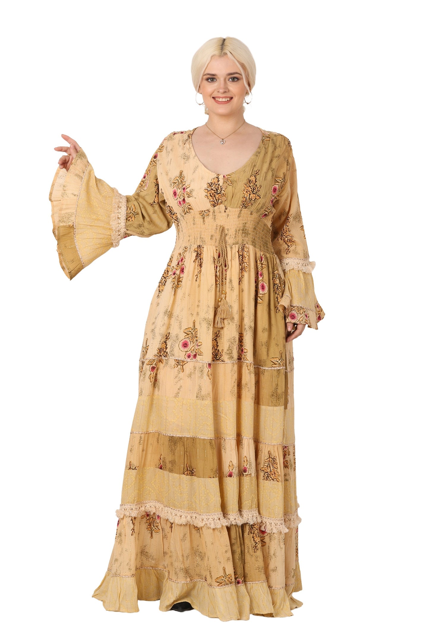 26436 Women's Floral Printed Tiered Maxi Dress with Bell Sleeves