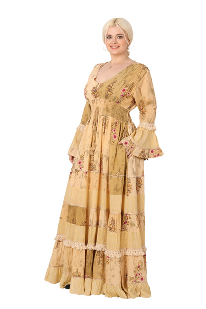 26436 Women's Floral Printed Tiered Maxi Dress with Bell Sleeves