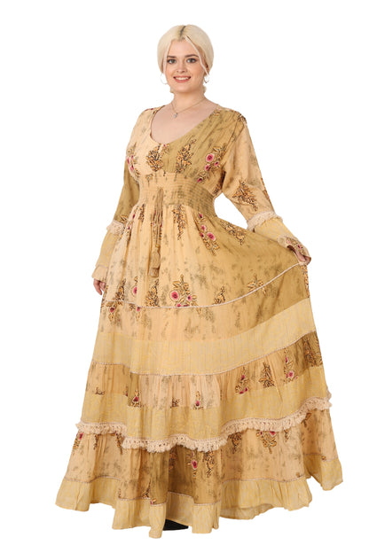 26436 Women's Floral Printed Tiered Maxi Dress with Bell Sleeves