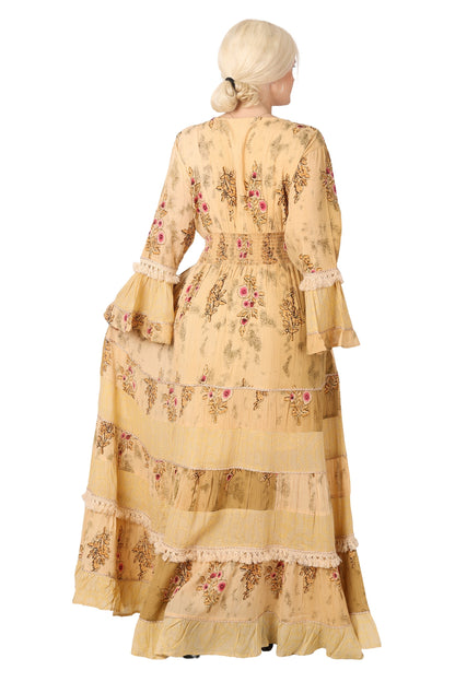 26436 Women's Floral Printed Tiered Maxi Dress with Bell Sleeves