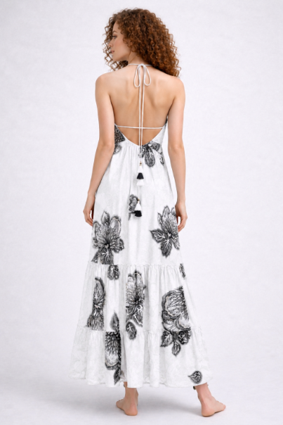 26479 Elegant Black/white Floral Halter Maxi Dress – Flowing Tiered Summer Dress
