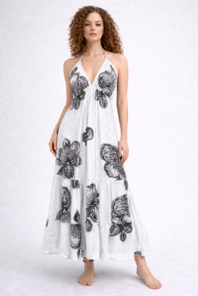 26479 Elegant Black/white Floral Halter Maxi Dress – Flowing Tiered Summer Dress