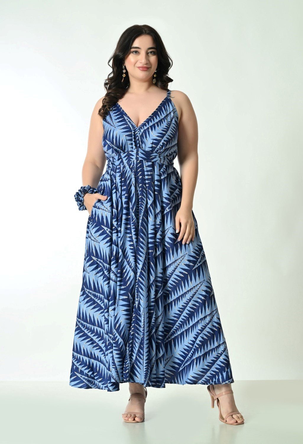 AB - 16111 Tropical Leaf Print Spaghetti Strap Maxi Dress with Tie Waist - Advance Apparels Inc