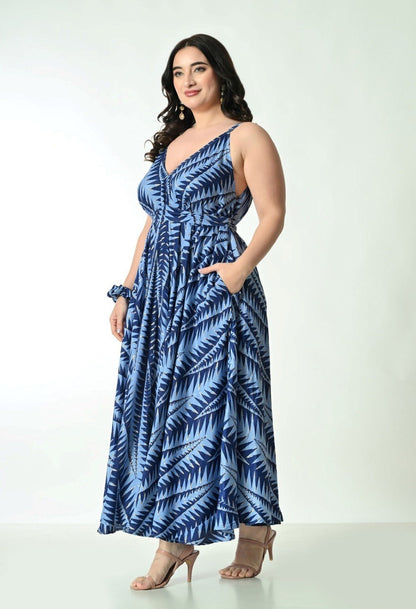 AB - 16111 Tropical Leaf Print Spaghetti Strap Maxi Dress with Tie Waist - Advance Apparels Inc
