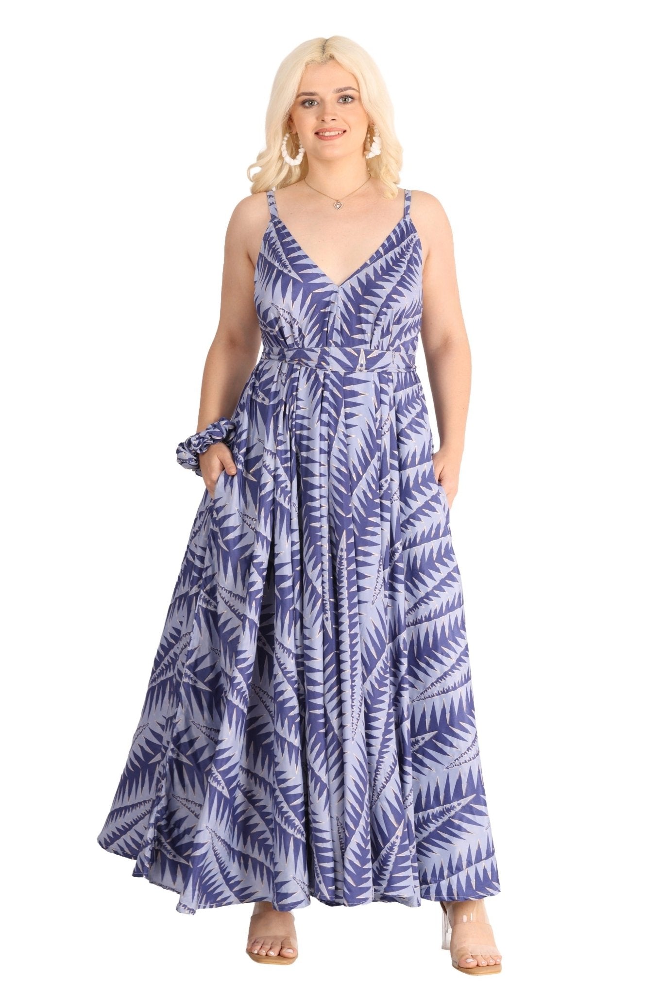 AB - 16111 Tropical Leaf Print Spaghetti Strap Maxi Dress with Tie Waist - Advance Apparels Inc