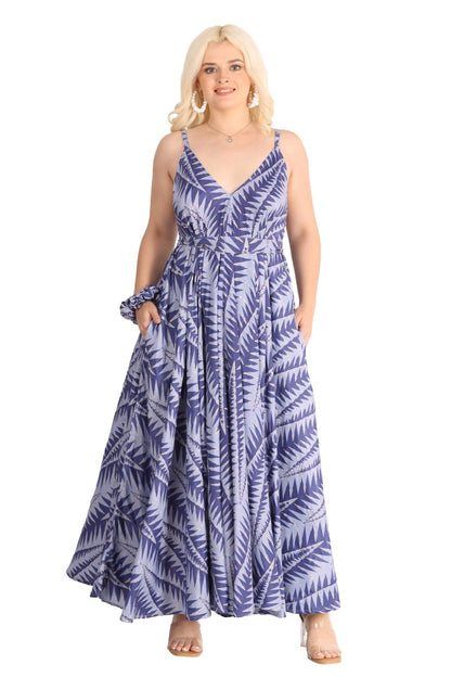 AB - 16111 Tropical Leaf Print Spaghetti Strap Maxi Dress with Tie Waist - Advance Apparels Inc