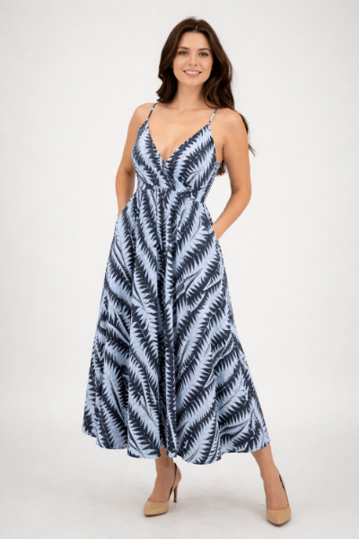 AB - 16111 Tropical Leaf Print Spaghetti Strap Maxi Dress with Tie Waist - Advance Apparels Inc