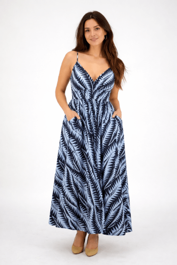AB - 16111 Tropical Leaf Print Spaghetti Strap Maxi Dress with Tie Waist - Advance Apparels Inc