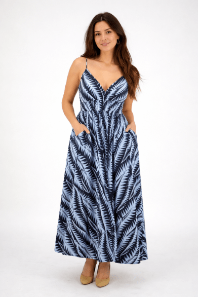 AB - 16111 Tropical Leaf Print Spaghetti Strap Maxi Dress with Tie Waist - Advance Apparels Inc