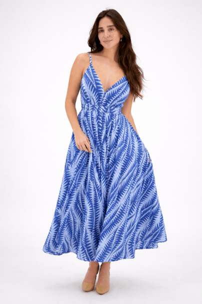 AB - 16111 Tropical Leaf Print Spaghetti Strap Maxi Dress with Tie Waist - Advance Apparels Inc